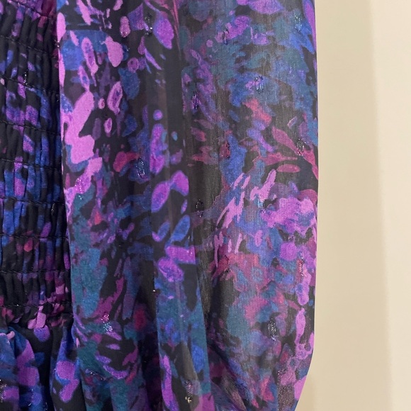 Aqua Purple Pattern Smocked Mini Dress Long Sleeves High Neck Size Small - Picture 8 of 13